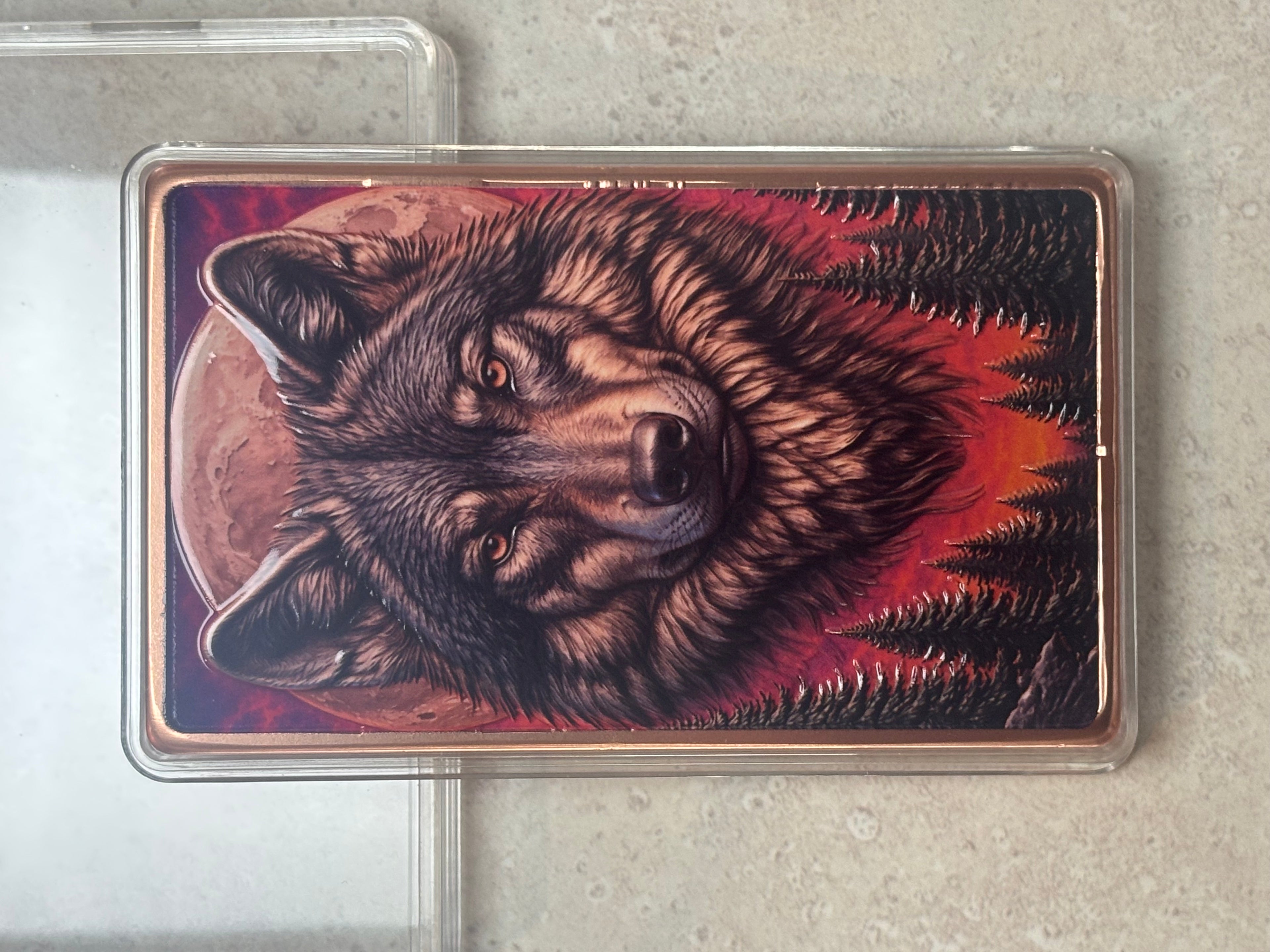 Ten (10) Ounce .999 Fine Copper Bar - Color UV Wolf Design