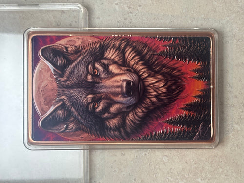 10 oz .999 Fine Copper Bar – Wolf + Red Sky Design– Full UV Colorized | Copper Reserve Mint