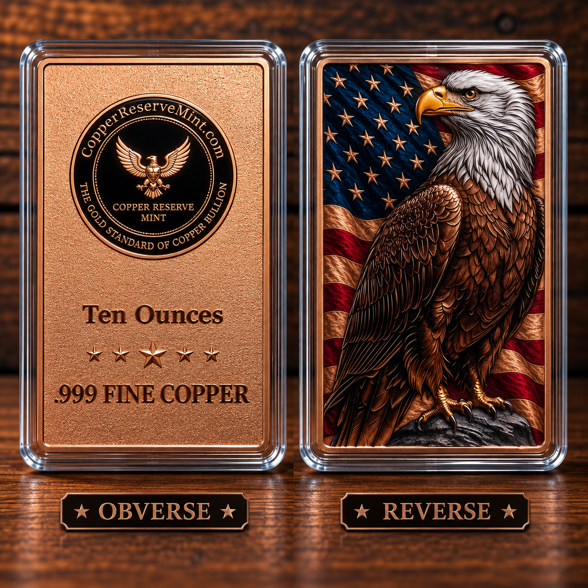 10 oz .999 Fine Copper Bar – Sentinel Eagle Draped Flag Design– Full UV Colorized | Copper Reserve Mint