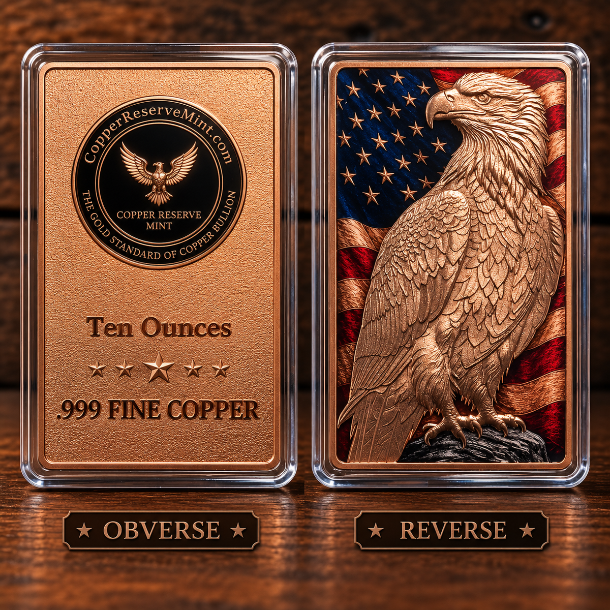 10 oz .999 Fine Copper Bar – Sentinel Eagle Draped Flag Design– Bare Copper Eagle + UV Colorized Background | Copper Reserve Mint